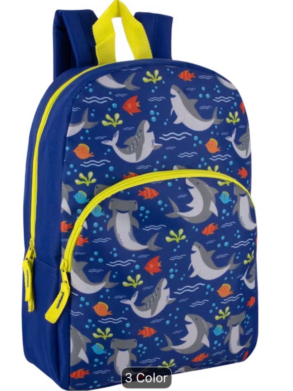 Kids Blue Shark Print Backpack with Yellow Trim
